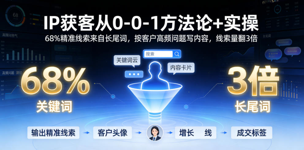 IP获客从0-1方法论+实操,68%精准线索来自长尾词,按客户高频问题写内容,线索量翻3倍力繁信息站-闲云创业网-老谢轻创网-中创网-福缘网-冒泡网-资源之家-魔方项目库力繁信息站