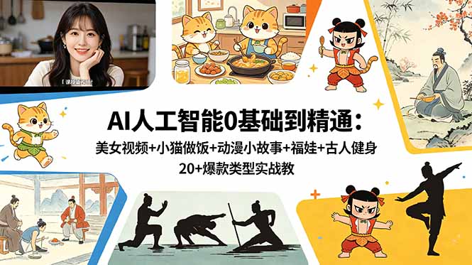 AI人工智能0基础到精通:美女视频+小猫做饭+动漫小故事+福娃+古人健身,20+爆款类型实战教学力繁信息站-闲云创业网-老谢轻创网-中创网-福缘网-冒泡网-资源之家-魔方项目库力繁信息站
