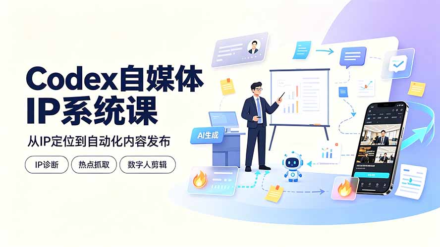 Codex自媒体IP系统课:IP诊断/热点抓取/IP蒸馏 Skill,爆款复刻数字人多平台自动发布教程力繁信息站-闲云创业网-老谢轻创网-中创网-福缘网-冒泡网-资源之家-魔方项目库力繁信息站