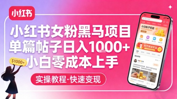 小红书女粉黑马项目，单篇帖子日入1k+，小白零成本上手力繁信息站-闲云创业网-老谢轻创网-中创网-福缘网-冒泡网-资源之家-魔方项目库力繁信息站