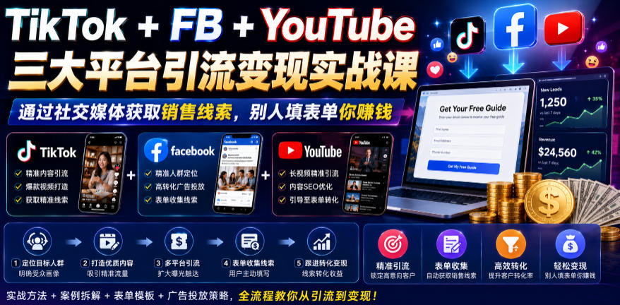 TikTok+FB+YouTube三大平台引流变现实战课,通过社交媒体获取销售线索,别人填表单你賺钱【原创双语字幕】力繁信息站-闲云创业网-老谢轻创网-中创网-福缘网-冒泡网-资源之家-魔方项目库力繁信息站