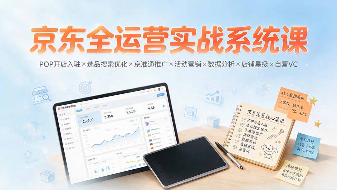 京东全运营实战系统课：POP开店入驻×选品搜索优化×京准通推广×活动营销×数据分析×店铺星级×自营VC力繁信息站-闲云创业网-老谢轻创网-中创网-福缘网-冒泡网-资源之家-魔方项目库力繁信息站