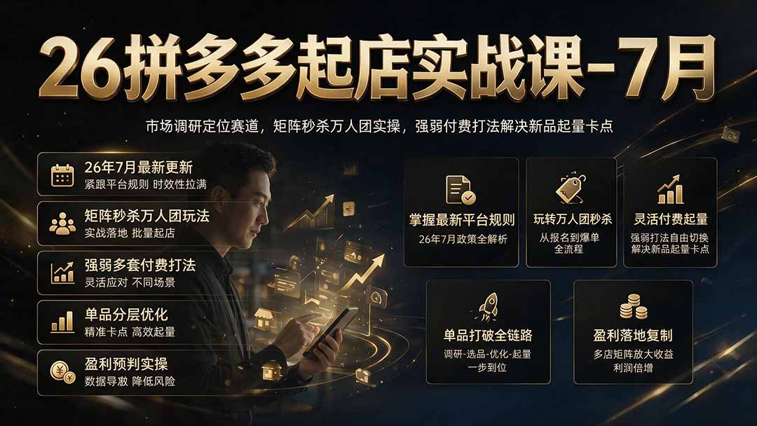 26拼多多起店实战课-7月｜市场调研定位赛道，矩阵秒杀万人团实操，强弱付费打法解决新品起量卡点力繁信息站-闲云创业网-老谢轻创网-中创网-福缘网-冒泡网-资源之家-魔方项目库力繁信息站