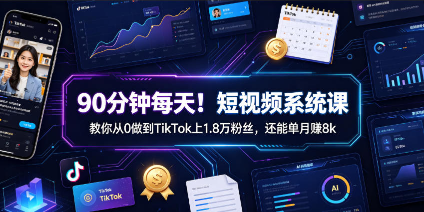 90分钟每天！短视频系统课教你从0做到TikTok上1.8万粉丝，还能单月賺8k【原创双语字幕】力繁信息站-闲云创业网-老谢轻创网-中创网-福缘网-冒泡网-资源之家-魔方项目库力繁信息站