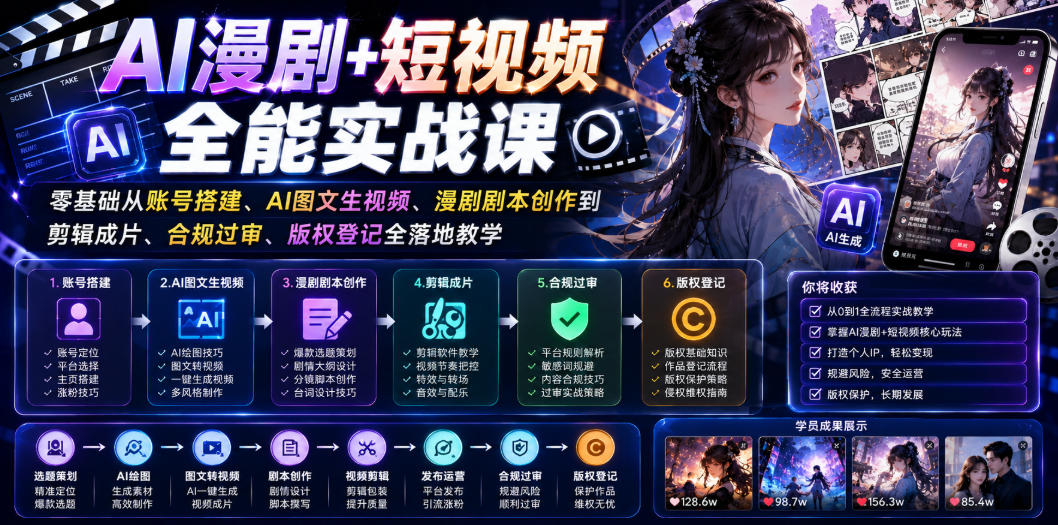 AI漫剧+短视频全能实战课｜零基础从账号搭建、AI图文生视频、漫剧剧本创作到剪辑成片、合规过审、版权登记全落地教学力繁信息站-闲云创业网-老谢轻创网-中创网-福缘网-冒泡网-资源之家-魔方项目库力繁信息站