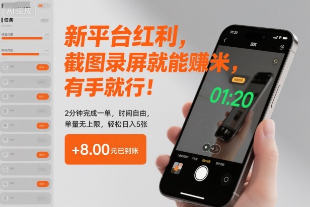 新平台红利,截图录屏就能賺米,有手就行!2分钟完成一单,时间自由,单量无上限,轻松日入5张【揭秘】力繁信息站-闲云创业网-老谢轻创网-中创网-福缘网-冒泡网-资源之家-魔方项目库力繁信息站