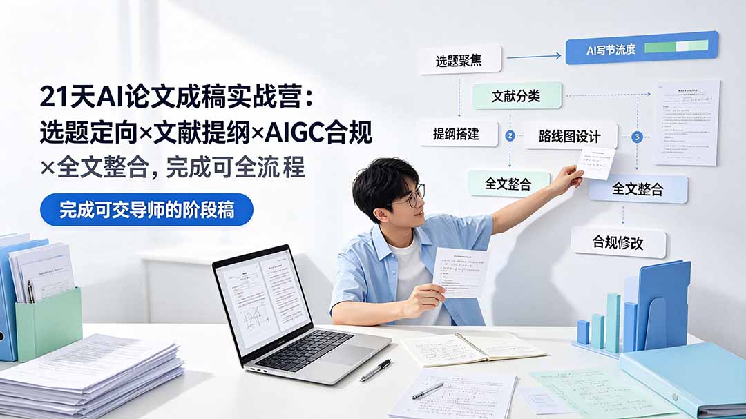 21天AI论文成稿实战营:选题定向×文献提纲×AIGC合规×全文整合,完成可交导师的阶段稿力繁信息站-闲云创业网-老谢轻创网-中创网-福缘网-冒泡网-资源之家-魔方项目库力繁信息站