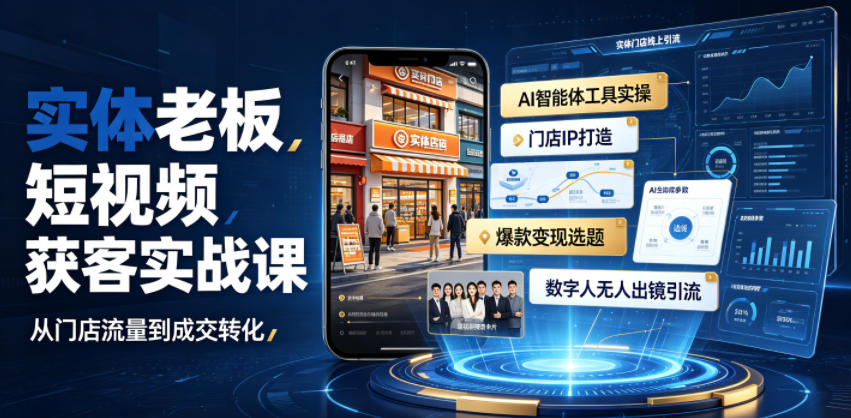 实体老板短视频获客实战课|AI智能体工具全套实操、门店IP打造、爆款变现选题、数字人无人出镜引流完整教程力繁信息站-闲云创业网-老谢轻创网-中创网-福缘网-冒泡网-资源之家-魔方项目库力繁信息站