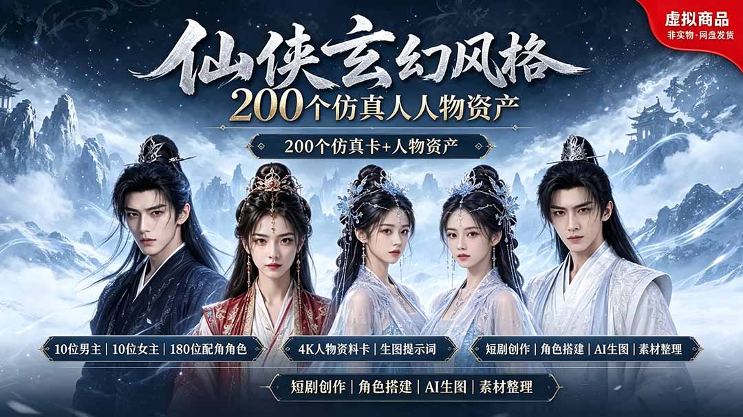 200个仙侠玄幻仿真人素材◆10男主×10女主×180配角,4K资料卡+AI生图提示词,漫剧必备力繁信息站-闲云创业网-老谢轻创网-中创网-福缘网-冒泡网-资源之家-魔方项目库力繁信息站