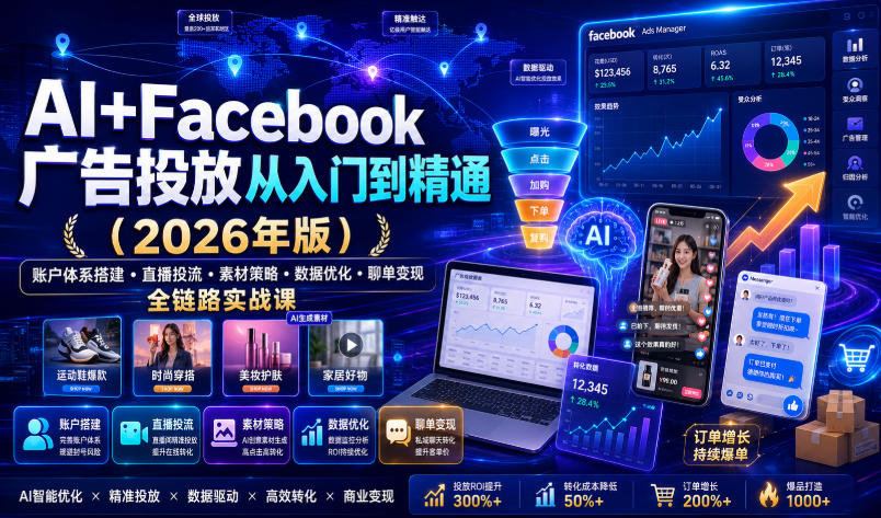 AI+Facebook广告投放从入门到精通(2026年版)|账户体系搭建・直播投流・素材策略・数据优化・聊单变现全链路实战课力繁信息站-闲云创业网-老谢轻创网-中创网-福缘网-冒泡网-资源之家-魔方项目库力繁信息站