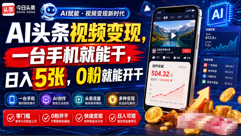 AI头条视频变现,一台手机就能干,日入5张,0粉就能开干力繁信息站-闲云创业网-老谢轻创网-中创网-福缘网-冒泡网-资源之家-魔方项目库力繁信息站