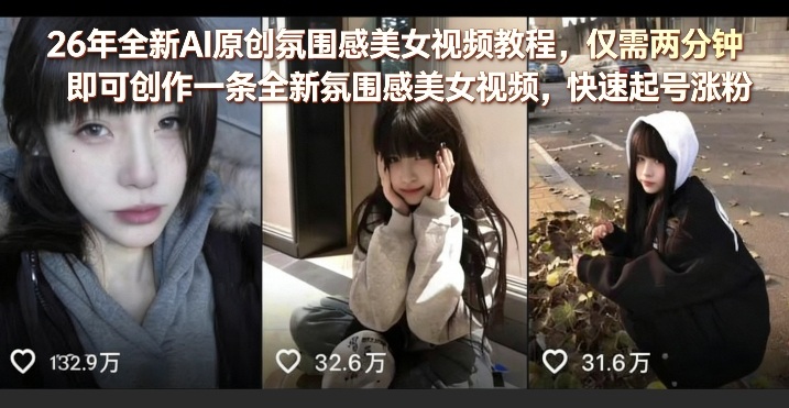 26年全新AI原创氛围感美女视频教程,仅需两分钟即可创作一条全新氛围感美女视频,快速起号涨粉力繁信息站-闲云创业网-老谢轻创网-中创网-福缘网-冒泡网-资源之家-魔方项目库力繁信息站