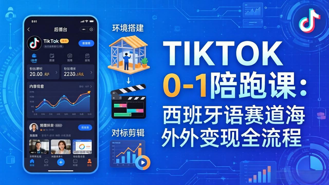 TIKTOK 0-1 陪跑课：从环境搭建到刷对标剪辑，西班牙语赛道海外变现全流程力繁信息站-闲云创业网-老谢轻创网-中创网-福缘网-冒泡网-资源之家-魔方项目库力繁信息站