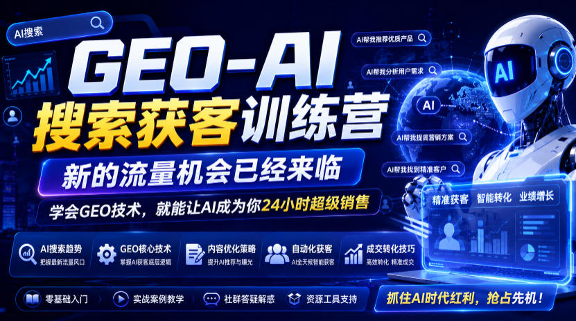 GEO-AI搜索获客训练营,新的流量机会已经来临,学会GEO技术,就能让AI成为你24小时超级销售力繁信息站-闲云创业网-老谢轻创网-中创网-福缘网-冒泡网-资源之家-魔方项目库力繁信息站