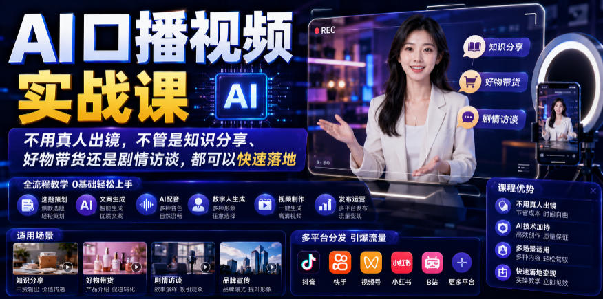 AI口播视频实战课，不用真人出镜，不管是知识分享、好物带货还是剧情访谈，都可以快速落地力繁信息站-闲云创业网-老谢轻创网-中创网-福缘网-冒泡网-资源之家-魔方项目库力繁信息站