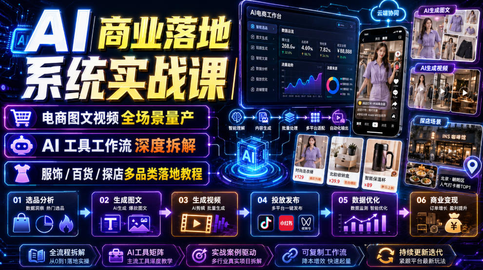 AI商业落地系统实战课｜电商图文视频全场景量产・AI工具工作流深度拆解・服饰/百货/探店多品类落地教程力繁信息站-闲云创业网-老谢轻创网-中创网-福缘网-冒泡网-资源之家-魔方项目库力繁信息站