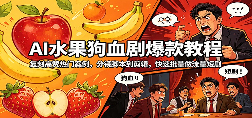 AI水果狗血剧爆款教程：复刻高赞热门案例，分镜脚本到剪辑，快速批量做流量短剧力繁信息站-闲云创业网-老谢轻创网-中创网-福缘网-冒泡网-资源之家-魔方项目库力繁信息站