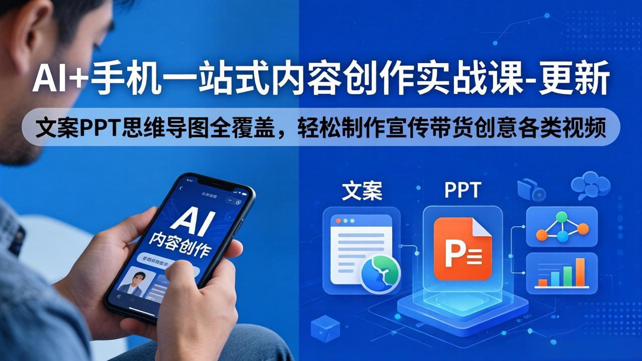 AI+手机一站式内容创作实战课-更新，文案PPT思维导图全覆盖，轻松制作宣传带货创意各类视频力繁信息站-闲云创业网-老谢轻创网-中创网-福缘网-冒泡网-资源之家-魔方项目库力繁信息站