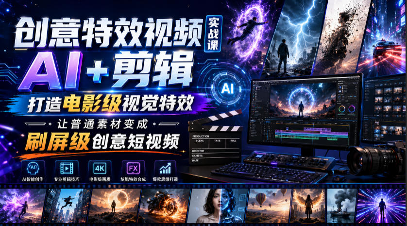 创意特效视频实战课,AI+剪辑打造电影级视觉特效,让普通素材变成刷屏级创意短视频力繁信息站-闲云创业网-老谢轻创网-中创网-福缘网-冒泡网-资源之家-魔方项目库力繁信息站