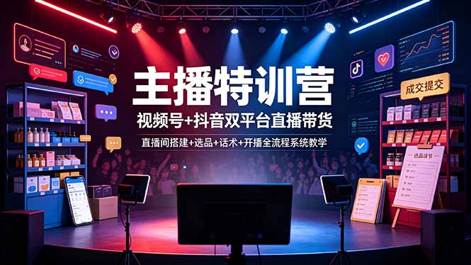 主播特训营:视频号+抖音双平台直播带货,直播间搭建+选品+话术+开播全流程系统教学力繁信息站-闲云创业网-老谢轻创网-中创网-福缘网-冒泡网-资源之家-魔方项目库力繁信息站