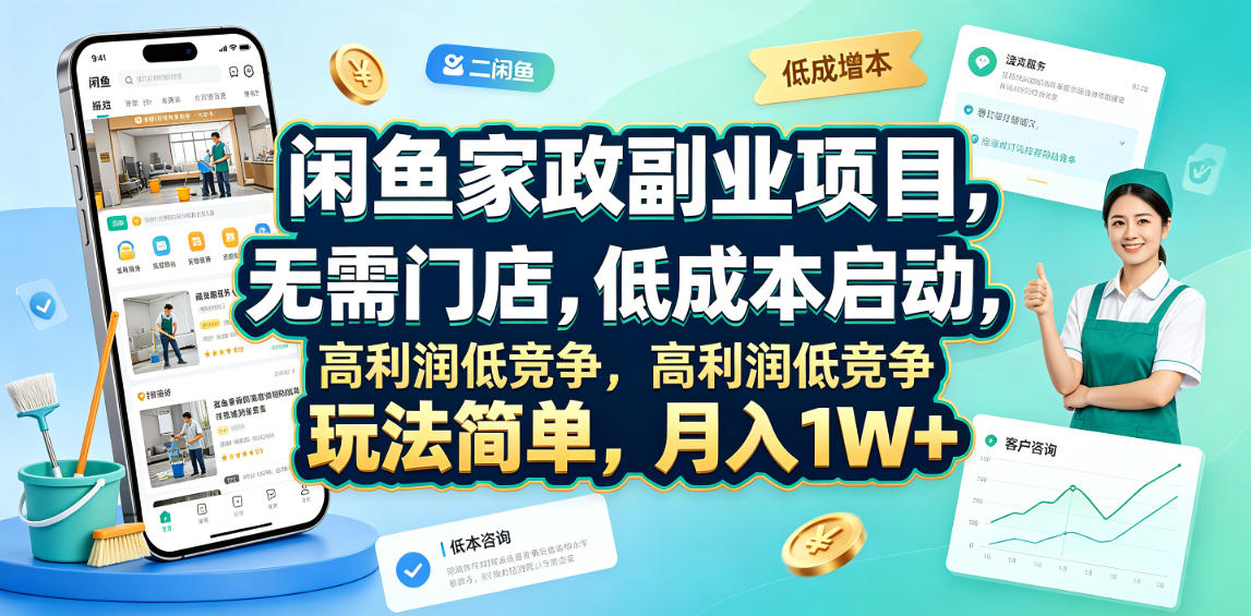 闲鱼家政副业项目，无需门店，低成本启动，高利润低竞争，玩法简单，月入1W+力繁信息站-闲云创业网-老谢轻创网-中创网-福缘网-冒泡网-资源之家-魔方项目库力繁信息站