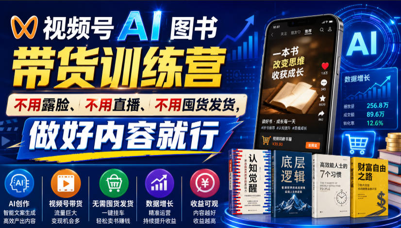 视频号AI图书带货训练营,不用露脸、不用直播、不用囤货发货,做好内容就行,一条爆款视频佣金8942力繁信息站-闲云创业网-老谢轻创网-中创网-福缘网-冒泡网-资源之家-魔方项目库力繁信息站