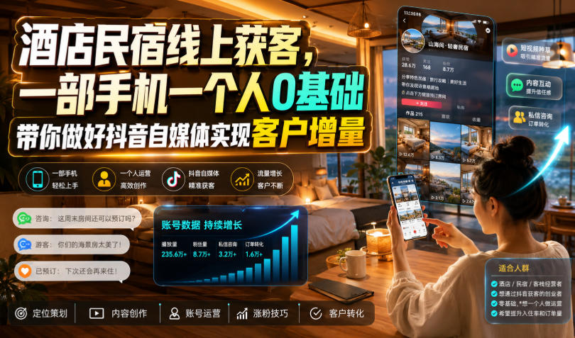 酒店民宿线上获客,一部手机一个人0基础带你做好抖音自媒体实现客户增量力繁信息站-闲云创业网-老谢轻创网-中创网-福缘网-冒泡网-资源之家-魔方项目库力繁信息站