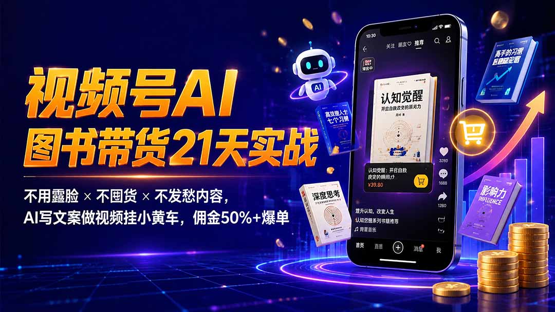 繁花视频号AI图书带货21天实战：不用露脸×不囤货×不发愁内容，AI写文案做视频挂小黄车，佣金50%+爆单力繁信息站-闲云创业网-老谢轻创网-中创网-福缘网-冒泡网-资源之家-魔方项目库力繁信息站