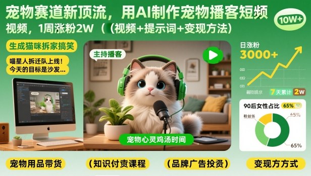 宠物赛道新顶流，用AI制作宠物播客短视频，1周涨粉2W(视频+提示词+变现方法)力繁信息站-闲云创业网-老谢轻创网-中创网-福缘网-冒泡网-资源之家-魔方项目库力繁信息站