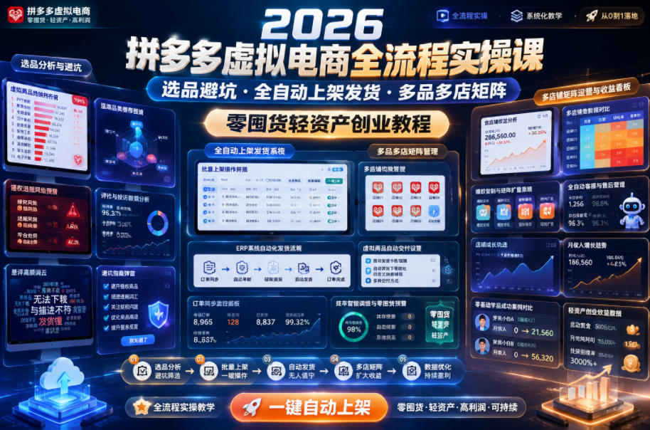 2026拼多多虚拟电商全流程实操课,选品避坑・全自动上架发货・多品多店矩阵,零囤货轻资产创业教程力繁信息站-闲云创业网-老谢轻创网-中创网-福缘网-冒泡网-资源之家-魔方项目库力繁信息站