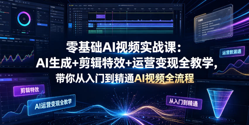 零基础AI视频实战课：AI生成+剪辑特效+运营变现全教学，带你从入门到精通AI视频全流程力繁信息站-闲云创业网-老谢轻创网-中创网-福缘网-冒泡网-资源之家-魔方项目库力繁信息站