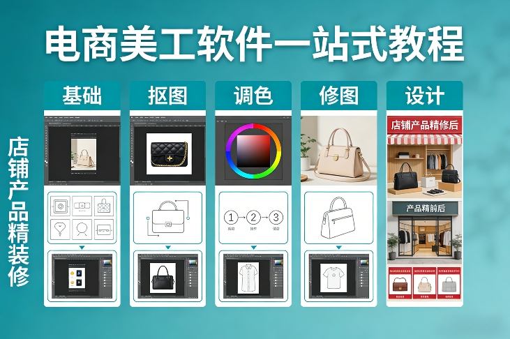 电商美工软件一站式教程，基础/抠图/调色/修图/设计，店铺产品精装修力繁信息站-闲云创业网-老谢轻创网-中创网-福缘网-冒泡网-资源之家-魔方项目库力繁信息站