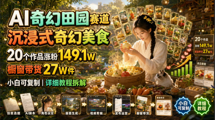 AI奇幻田园赛道,沉浸式奇幻美食,20个作品涨粉149.1W,橱窗带货27W件,小白可复制,详细教程拆解力繁信息站-闲云创业网-老谢轻创网-中创网-福缘网-冒泡网-资源之家-魔方项目库力繁信息站