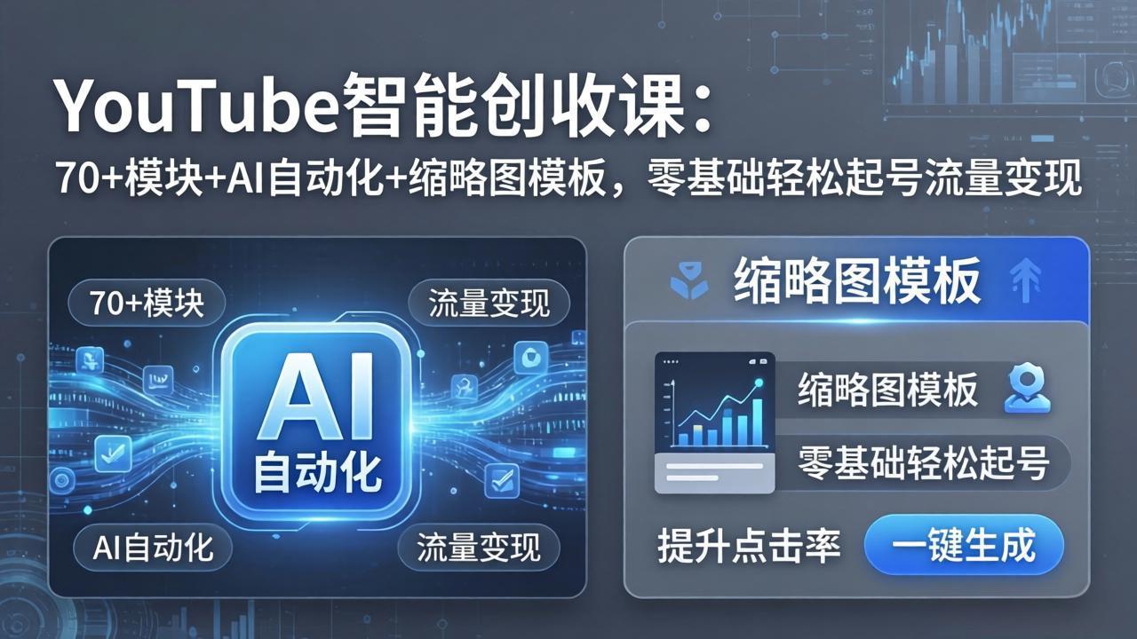 YouTube智能创收课：70+模块+AI自动化+缩略图模板，零基础轻松起号流量变现力繁信息站-闲云创业网-老谢轻创网-中创网-福缘网-冒泡网-资源之家-魔方项目库力繁信息站
