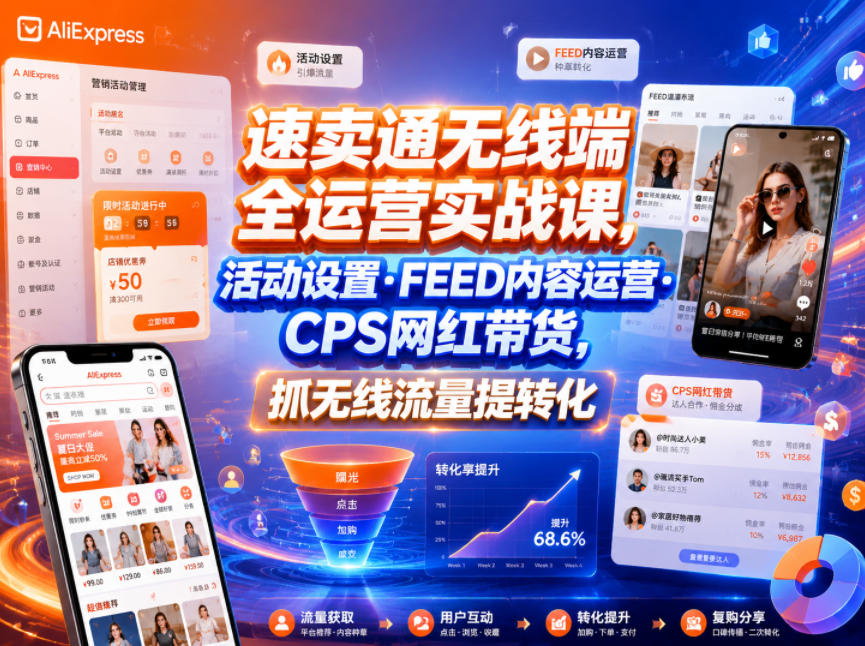 速卖通无线端全运营实战课,活动设置・FEED内容运营・CPS网红带货,抓无线流量提转化力繁信息站-闲云创业网-老谢轻创网-中创网-福缘网-冒泡网-资源之家-魔方项目库力繁信息站