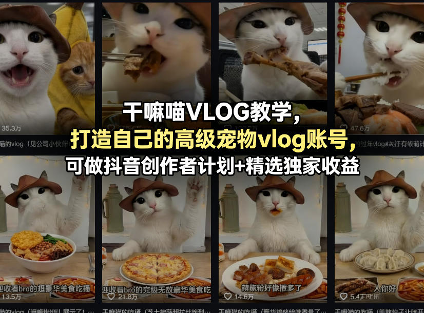 干嘛喵VLOG教学，打造自己的高级宠物vlog账号，可做抖音创作者计划+精选独家收益力繁信息站-闲云创业网-老谢轻创网-中创网-福缘网-冒泡网-资源之家-魔方项目库力繁信息站