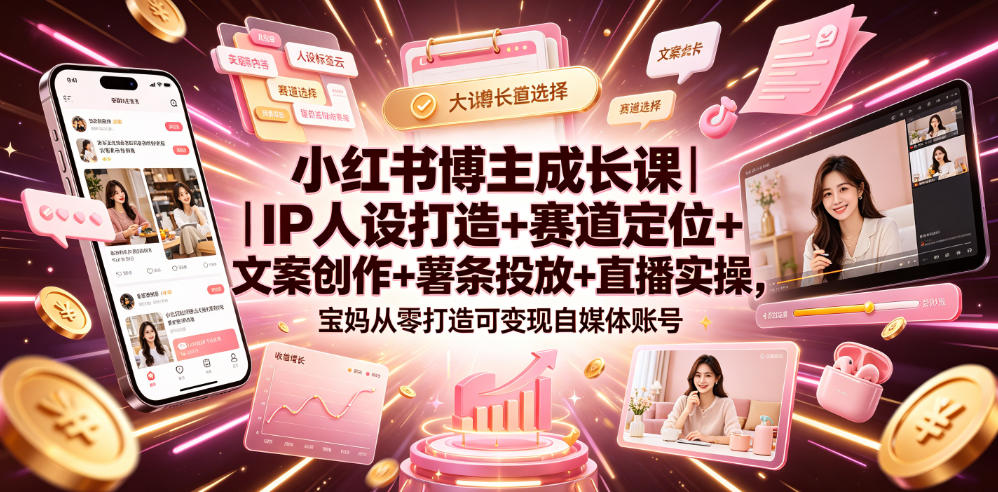 小红书博主成长课｜IP人设打造+赛道定位+文案创作+薯条投放+直播实操，宝妈从零打造可变现自媒体账号力繁信息站-闲云创业网-老谢轻创网-中创网-福缘网-冒泡网-资源之家-魔方项目库力繁信息站