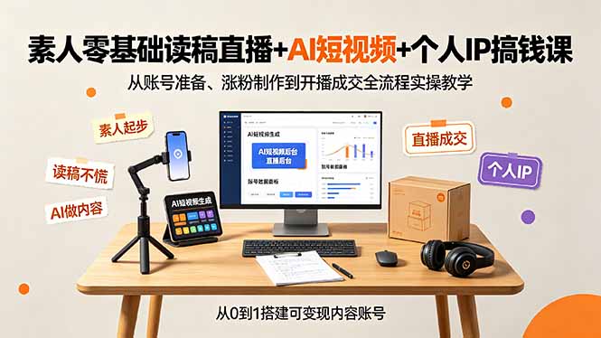 素人零基础读稿直播+AI短视频+个人IP搞钱课,从账号准备、涨粉制作到开播成交全流程实操教学力繁信息站-闲云创业网-老谢轻创网-中创网-福缘网-冒泡网-资源之家-魔方项目库力繁信息站
