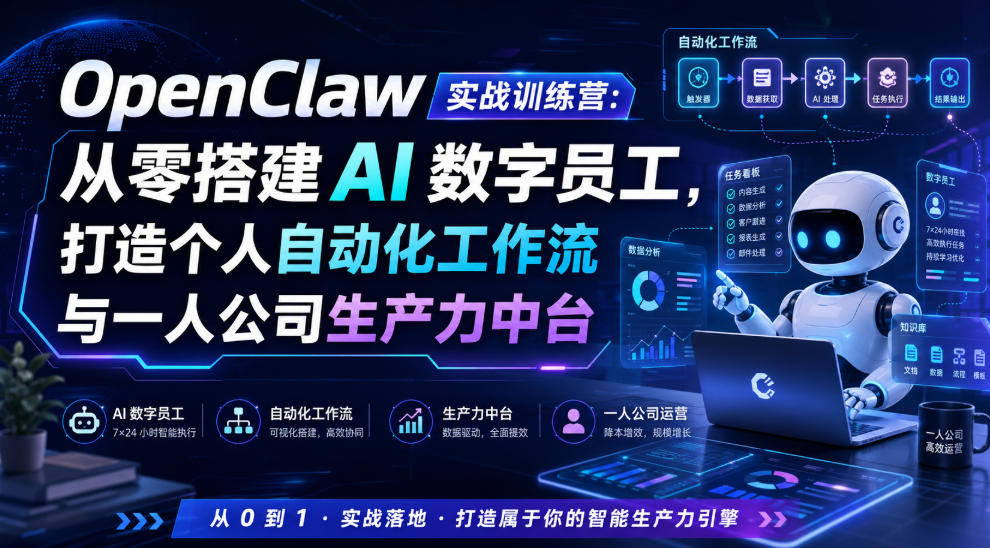 OpenClaw实战训练营:从零搭建AI数字员工,打造个人自动化工作流与一人公司生产力中台力繁信息站-闲云创业网-老谢轻创网-中创网-福缘网-冒泡网-资源之家-魔方项目库力繁信息站