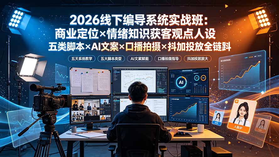 2026线下编导系统实战班:商业定位×情绪知识获客观点人设五类脚本×AI文案×口播拍摄×抖加投放全链路力繁信息站-闲云创业网-老谢轻创网-中创网-福缘网-冒泡网-资源之家-魔方项目库力繁信息站