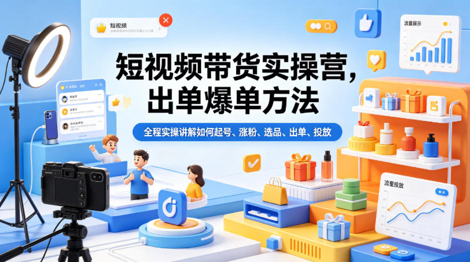 短视频带货实操营，出单爆单方法，全程实操讲解如何起号、涨粉、选品、出单、投放力繁信息站-闲云创业网-老谢轻创网-中创网-福缘网-冒泡网-资源之家-魔方项目库力繁信息站