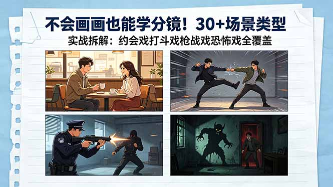 不会画画也能学分镜!30+场景类型实战拆解:约会戏打斗戏枪战戏恐怖戏全覆盖力繁信息站-闲云创业网-老谢轻创网-中创网-福缘网-冒泡网-资源之家-魔方项目库力繁信息站