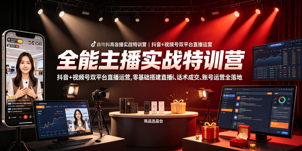 全能主播实战特训营|抖音+视频号双平台直播运营,零基础搭建直播间、精准选品、话术成交、账号运营全落地力繁信息站-闲云创业网-老谢轻创网-中创网-福缘网-冒泡网-资源之家-魔方项目库力繁信息站