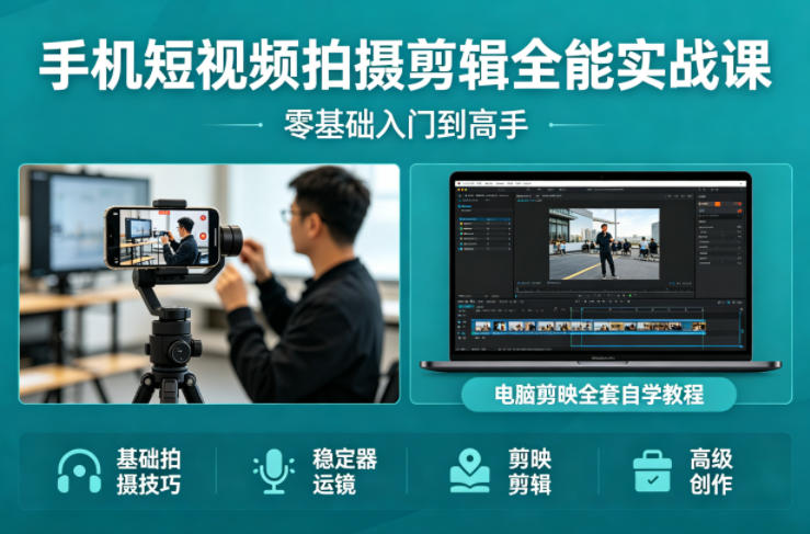手机短视频拍摄剪辑全能实战课：零基础入门到高手，稳定器运镜+电脑剪映全套自学教程力繁信息站-闲云创业网-老谢轻创网-中创网-福缘网-冒泡网-资源之家-魔方项目库力繁信息站