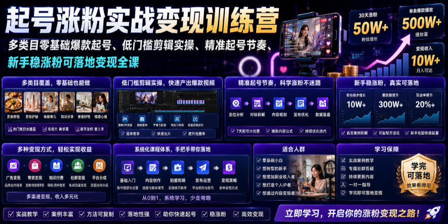 苗子起号涨粉实战变现训练营,多类目零基础爆款起号、精准起号节奏、新手稳涨粉可落地变现全课力繁信息站-闲云创业网-老谢轻创网-中创网-福缘网-冒泡网-资源之家-魔方项目库力繁信息站