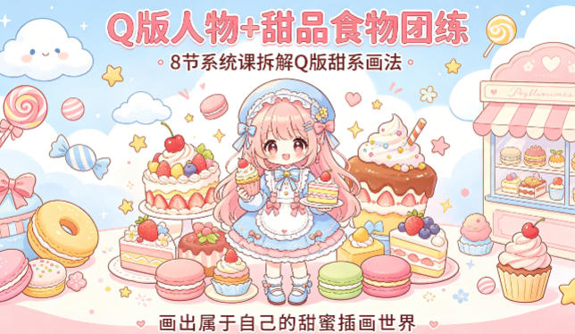Q版人物+甜品食物团练，8节系统课拆解Q版甜系画法，画出属于自己的甜蜜插画世界力繁信息站-闲云创业网-老谢轻创网-中创网-福缘网-冒泡网-资源之家-魔方项目库力繁信息站