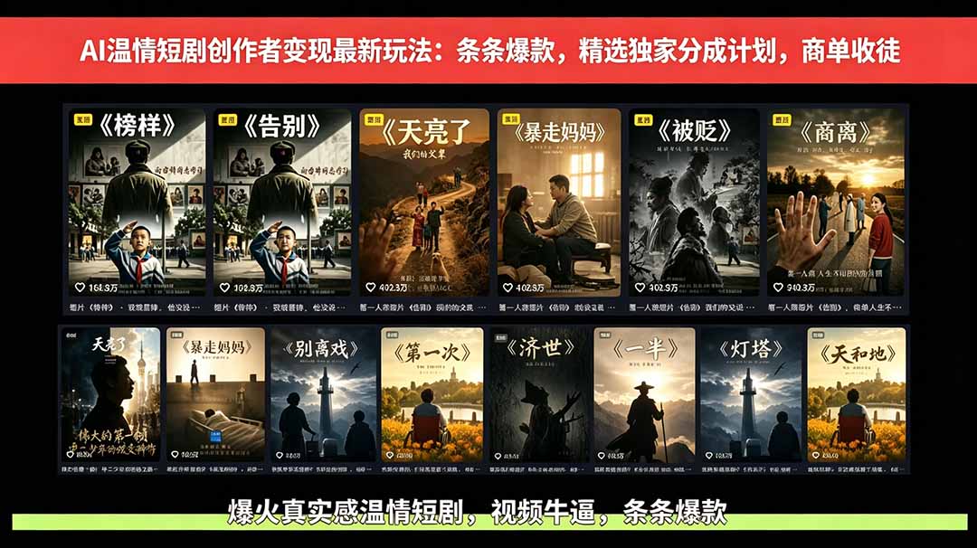 AI温情短剧创作者变现最新玩法:视频牛逼,条条爆款,精选独家分成计划,商单收徒力繁信息站-闲云创业网-老谢轻创网-中创网-福缘网-冒泡网-资源之家-魔方项目库力繁信息站