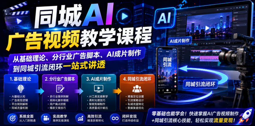 同城AI广告视频教学课程,从基础理论、分行业广告脚本、AI成片制作到同城引流闭环一站式讲透力繁信息站-闲云创业网-老谢轻创网-中创网-福缘网-冒泡网-资源之家-魔方项目库力繁信息站