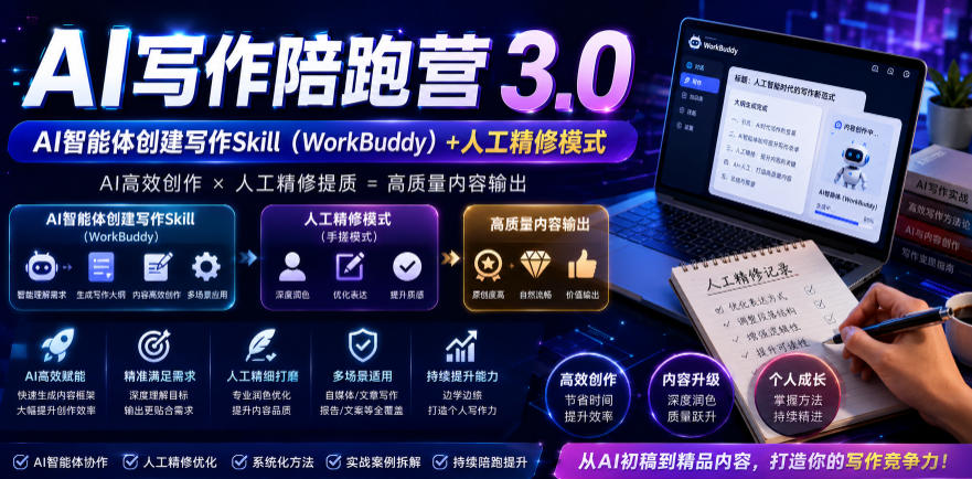 AI写作陪跑营3.0,Ai智能体创建写作skill(workbuddy)+人工手写模式(手搓模式),去除AI痕迹(头条号、公众号、百家号)(更新0730)力繁信息站-闲云创业网-老谢轻创网-中创网-福缘网-冒泡网-资源之家-魔方项目库力繁信息站