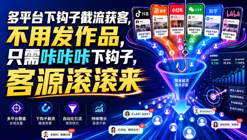 多平台下钩子截流获客，不用发作品，只需咔咔咔下钩子，客源滚滚来力繁信息站-闲云创业网-老谢轻创网-中创网-福缘网-冒泡网-资源之家-魔方项目库力繁信息站